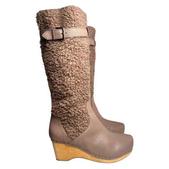 Kelsi Dagger Jagger Taupe Knee High Clog Wood Heel Wedge Round Toe Leather Boot - Picture 14 of 16